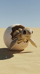 Obraz premium Adorable Baby Turtle Hatching from Egg in Desert Sand