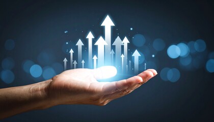 Growth visualization of an arrow growing above a hand, floating in a three-dimensional line