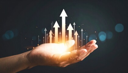 Growth visualization of an arrow growing above a hand, floating in a three-dimensional line