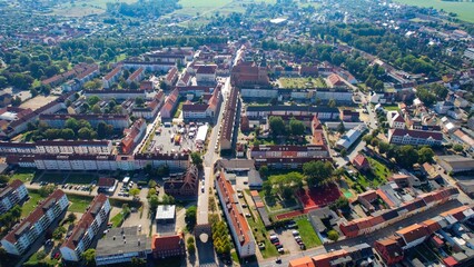 Aerial panoramic view around the old town of the city Malchin on a sunny morning in summer in...