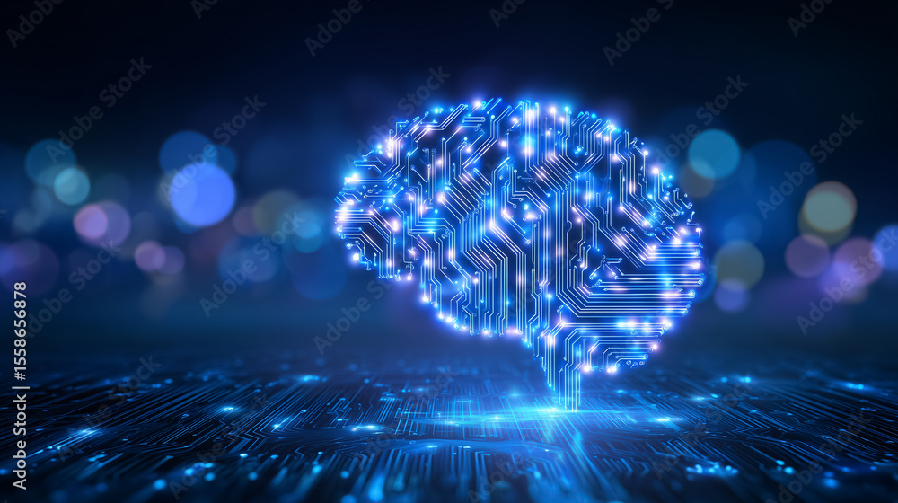 Poster digital brain design featuring intricate circuitry illuminated with blue lights. vibrant backdrop wi