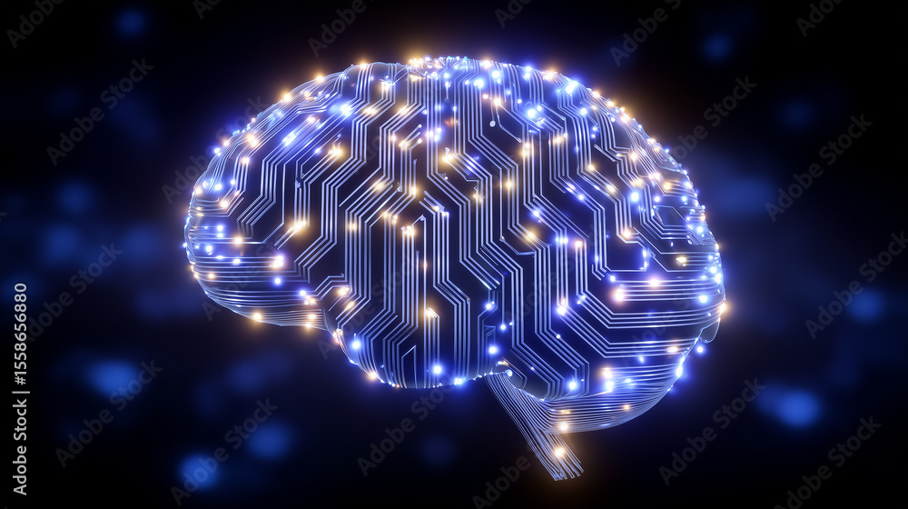 Poster neural network brain illuminated with vibrant blue and yellow lights. abstract representation of tec