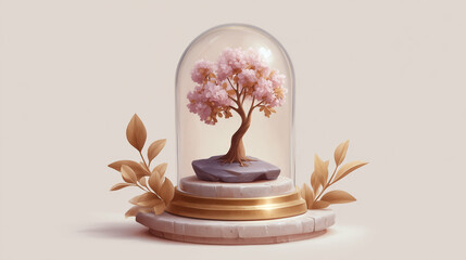 Fototapeta premium Cherry tree with pink blossoms enclosed in glass dome resting on a decorative pedestal. Soft cream background enhances nature’s beauty. Concept of home decor, floral design, gifting