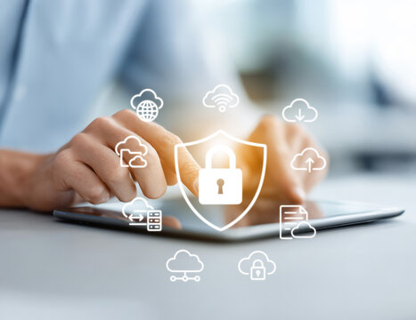 Businessman using tablet with cloud storage and cyber security icons. Concept of document sharing, secure file access, cloud data transfer, and digital file management. generative ai