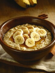 A cozy bowl of oatmeal with cinnamon, honey, and sliced bananas, served in a rustic ceramic bowl