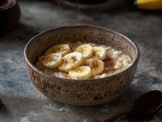A cozy bowl of oatmeal with cinnamon, honey, and sliced bananas, served in a rustic ceramic bowl