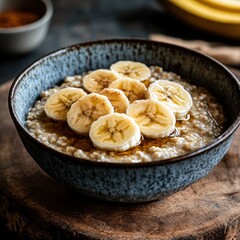 A cozy bowl of oatmeal with cinnamon, honey, and sliced bananas, served in a rustic ceramic bowl