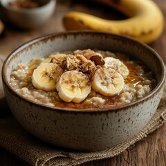 A cozy bowl of oatmeal with cinnamon, honey, and sliced bananas, served in a rustic ceramic bowl