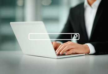Close-up of businessman typing on laptop with virtual search bar interface. Concept of internet search, online research, information discovery, and digital business workflow. generative ai