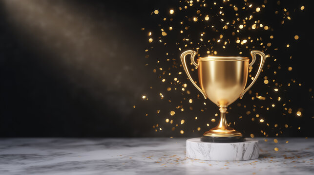 Gold trophy gleaming on a marble surface amidst falling confetti. Dark background enhances celebratory atmosphere, showcasing victory. Concept of awards, recognition, event planning
