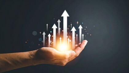 Growth visualization of an arrow growing above a hand, floating in a three-dimensional line