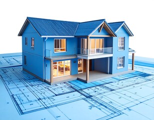 Blue house model on architectural blueprints
