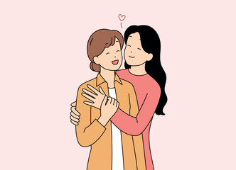 A Loving Embrace Depicted Between Two Women in Soft Pastel Artwork Showing Affection