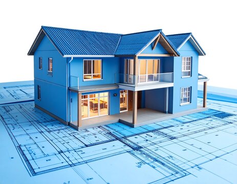 Blue house model on architectural blueprints