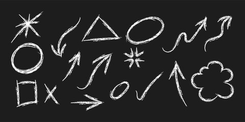 Hand drawn chalk doodle set. Charcoal pencil curly lines, squiggles and childish shapes. Chalk drawn vector elements. White charcoal on blackbackground.