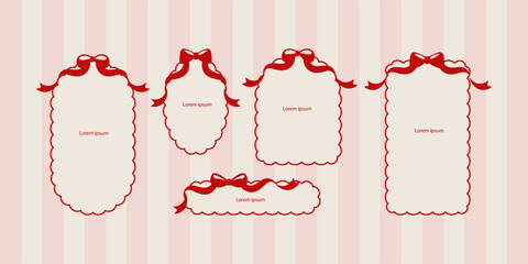 Vintage bows frames for greeting cards, wedding and birthday party, picnic invitations in cute elegant coquette style. Hand drawn ribbons border illustration for social media decoration template.