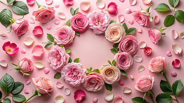 A beautiful arrangement of pink and cream roses and scattered petals creating a delicate floral wreath on a soft pink background - Powered by Adobe