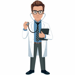 Fototapeta premium Cartoon doctor illustration of a medical professional holding stethoscope tablet