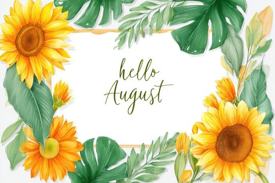 Hello August banner with yellow flowers and green leaves. Vintage botanical illustration - Powered by Adobe
