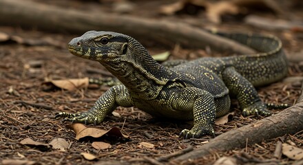 Obraz premium A monitor lizard rests on the ground covered with fallen leaves and twigs, its body displaying a pattern of dark and light scales.