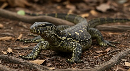 Fototapeta premium Close-up of a monitor lizard on the forest floor.