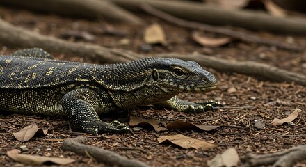 Naklejka premium A water monitor lizard navigates a forest floor, its patterned skin camouflaged amongst the dark earth and exposed roots.
