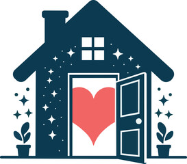 This vector image depicts a stylized dark blue house with an open door revealing a large red heart inside surrounded by sparkling elements and potted plants symbolizing a warm and welcoming home fille