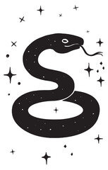 Celestial Mystical Lynocut Snake Vector Silhouette Illustration. Black and white hand drawn mystic snake. Esoteric design element. 