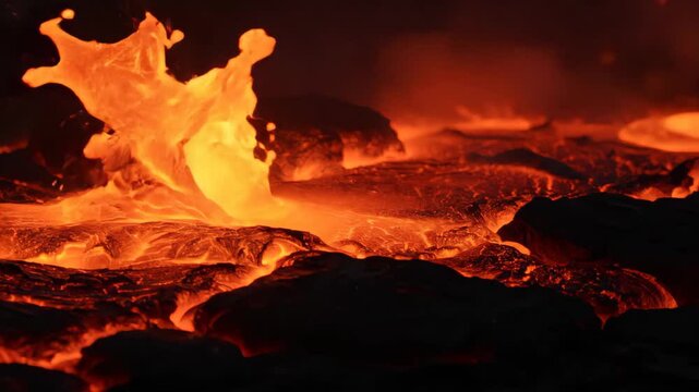 Intense Close-Up of Bubbling and Splashing Hot Lava Flow from a Volcano, Fiery Molten Rock Glowing in the Dark