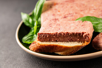 Pate meat peppers pork liver, pork meat riyet fresh delicious gourmet food background on the table rustic food top view copy space