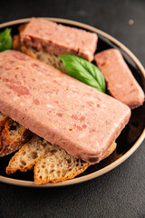 Pate meat peppers pork liver, pork meat riyet fresh delicious gourmet food background on the table rustic food top view copy space