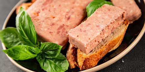 Pate meat peppers pork liver, pork meat riyet fresh delicious gourmet food background on the table rustic food top view copy space