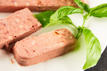 Pate meat peppers pork liver, pork meat riyet fresh delicious gourmet food background on the table rustic food top view copy space