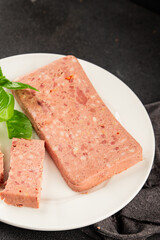 Pate meat peppers pork liver, pork meat riyet fresh delicious gourmet food background on the table rustic food top view copy space