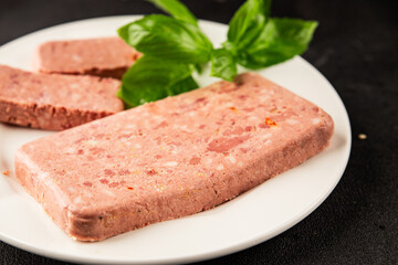 Pate meat peppers pork liver, pork meat riyet fresh delicious gourmet food background on the table...