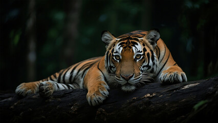 Obraz premium Majestic bengal tiger resting on a dark log in a lush forest