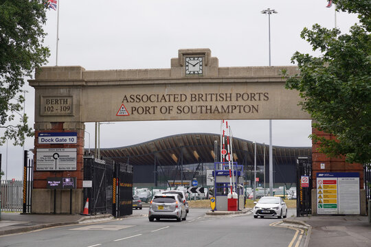 Southampton, England 24 June 2025 - Associated British Ports sign and entrance to Port of Southampton and cruise terminals