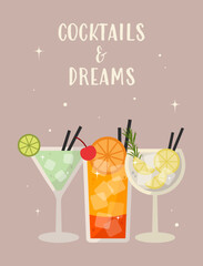 Trendy cocktail illustration with bright drinks, garnishes, and retro pastel backgrounds. Perfect summer party visuals for invitations, flyers, ads, or restaurant menus