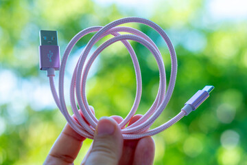 USB C to USB A cable in pink braided sleeve, data transfer, durable tech gadget, mobile tech...