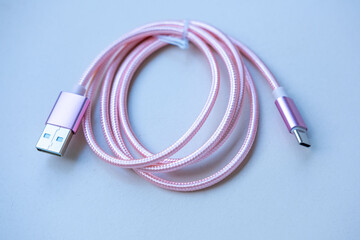 USB C to USB A cable in pink braided sleeve, data transfer, durable tech gadget, mobile tech...