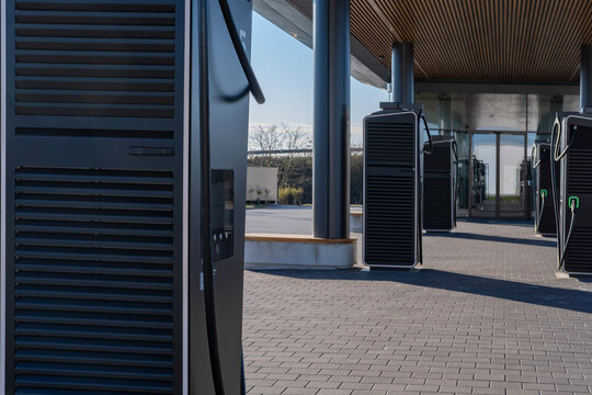 Power Charger electric vehicle, charging station with Lounge, electric vehicle in Europe, alternative energy, technology and innovation, green technology