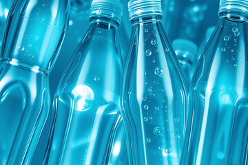 Clear plastic water bottles with white caps on background, mineral water containers for hydration and beverage packaging design