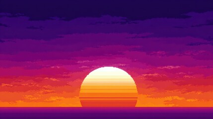 Obraz premium Pixel art depicting vibrant sunset over calm ocean