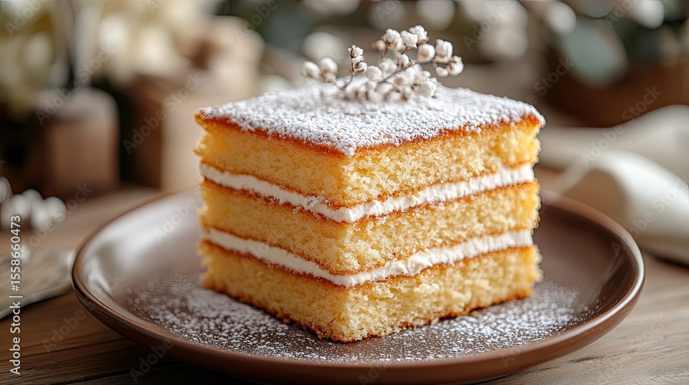 Poster piece of cake with icing sugar dusting on top displayed on plate with soft background for dessert an
