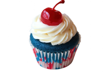 Blue Velvet Cupcake Topped with Vanilla Frosting and Cherry isolated on a transparent background image