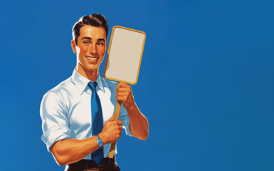 Professional businessman holding blank sign with thumbs up gesture in retro vintage illustration style for advertising and marketing campaigns