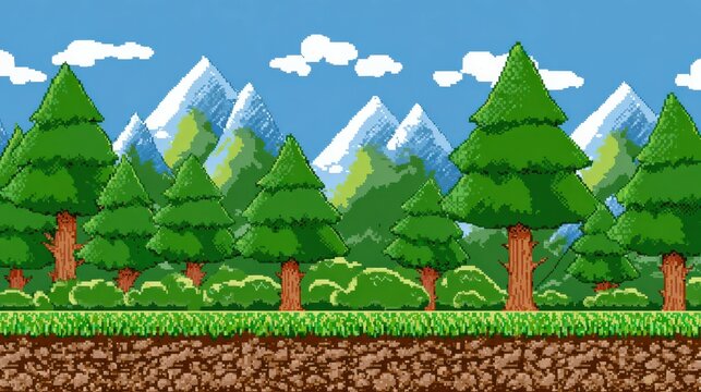 Pixel art forest scene showing evergreen trees and snowy mountains