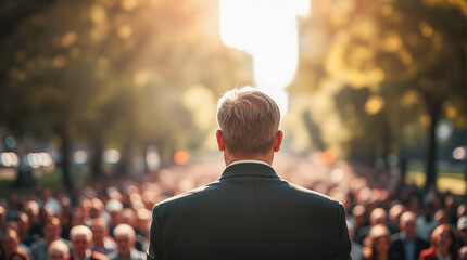 government official addressing crowd during street protest strike