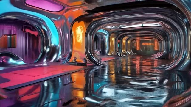 Futuristic Metallic Corridor with Neon Lighting and Reflective Floor