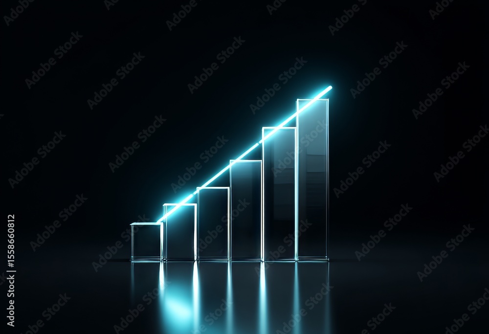 Poster a dark background serves as the setting for a blue neon glowing bar chart to rise, with its image re